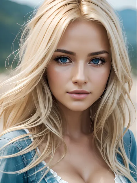 Photorealistic of a insanely beautiful woman with blonde windy messy hair, in the style of panasonic lumix s pro 50mm f/1.4, light beige and dark azure, celebrity images mashups, soft realism, barbiecore, unreal engine 5, 32k uhd, luminous quality, swiss r...