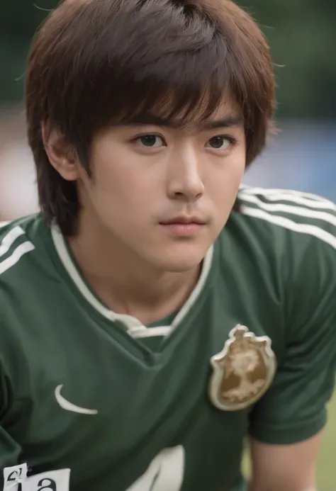 Captain tsubasa, medium hair back up, big eyes, wear nankatsu jerset