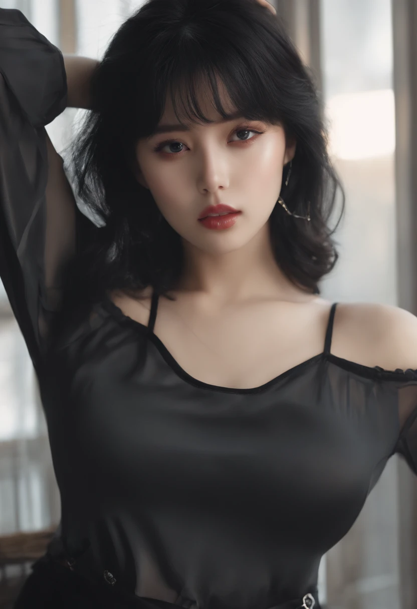 ((realstic face, Seductive, Adult look, white eyes)), (Gray cropped blouse, black underwear, short clothes), (Long black hair), (20 years old), (1女孩), (نمط 4K))