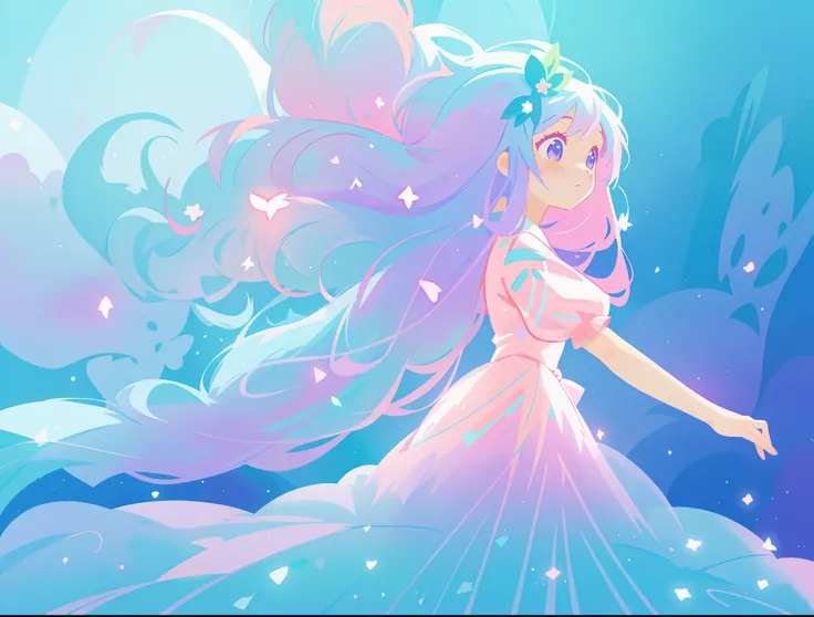 beautiful girl in colorful gradient pink blue purple flowing ballgown, sparkling, blue aqua mint purple pink colors, long flowing blue purple pink white hair, colorful fantasia background, watercolor illustration, disney art style, glowing aura around her,...