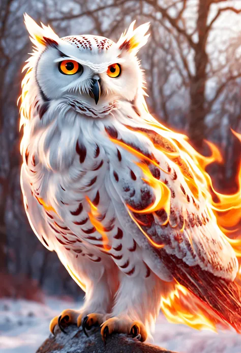 (Masterpiece, High quality, Best quality, offcial art, Beauty and aesthetics:1.2),(theelementoffire:1.1),(A white-feathered owl made up of the element of fire:1.2),Burning,(Looks like the fire of a white-feathered owl:1.2),Flame skin,Flame print,Smoke,(Plu...