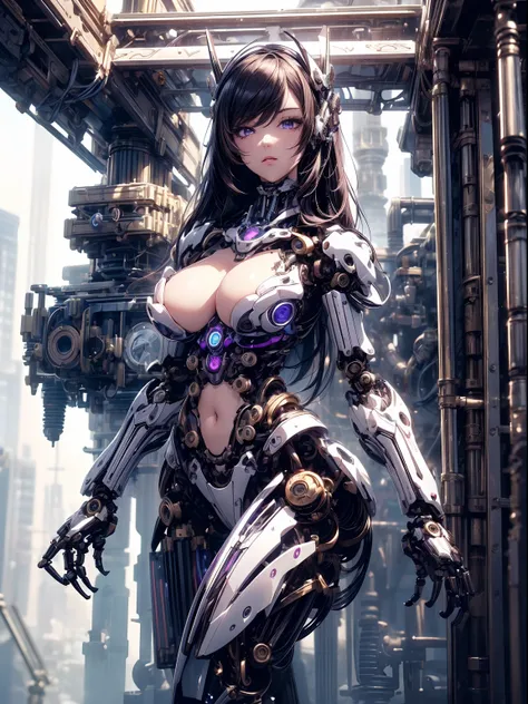 absurderes,(​masterpiece、top-quality、8K ),intricate detailes,ultra-detailliert、1 Beautiful, And a woman of perfect proportions,(Machine Girl 1.3),Black Long Hair,Purple eyes,cleavage,Navel,Stomach,(Mechanical body,mechanical arms :1.4),Mechanical headgear ...