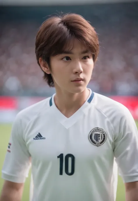 Captain tsubasa, medium hair, back hair up, big eyes, wear white jersey, N logo on left chest,