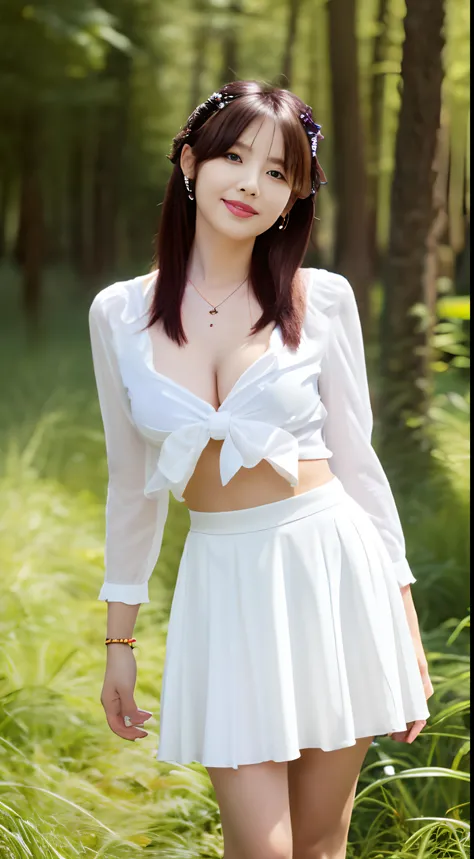 artworks, Best Quality, girl, Alternatives to longhair, absurdly long hair, Blonde hair, bow hair, aqua eyes, Seductive smile,  Black eyes, longeyelashes, Big breasts, Mole on the chest, White shirt, Short black skirt, shoes, Pendants, Hair Ribbon, Flower ...