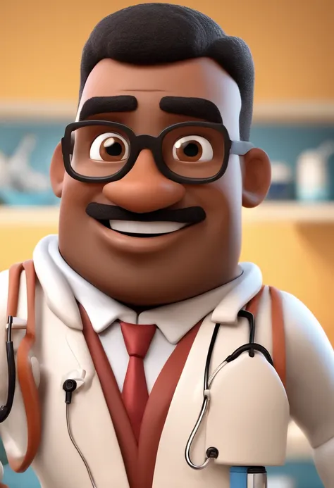 Male pixar style cartoon character of a black cardiologist doctor, With black eyes and big eyelashes, Drawn mouth with thick lips and medium nose, with shaved head, Inside a Clinical Animation Character, Caractere estilizado, animation style rendering, 3D ...