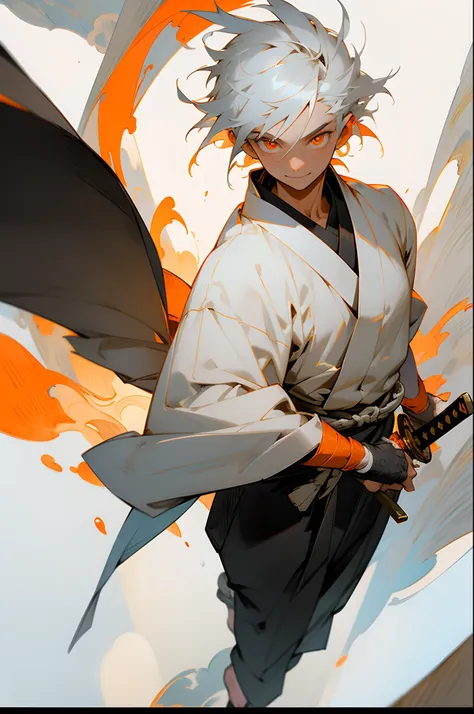 1male, young, smiling, short scruffy hair, silver hair, finely detailed orange eyes, black and white kimono, village background, walking on a path, sword on back, sheathed sword, swordsman