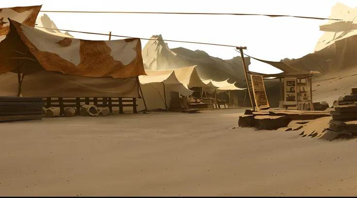 desert market building with lots of goods, lots of tents, sand and stone road, lots of tied ropes, lots of tables, lots of tall ...