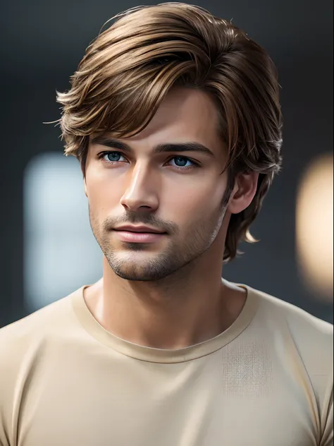 Photorealistic of a insanely handsome man with light brown messy hair, honey eyes, in the style of panasonic lumix s pro 50mm f/1.4, light beige and dark azure, celebrity images mashups, soft realism, barbiecore, unreal engine 5, 32k uhd, luminous quality,...