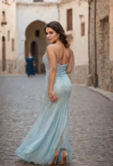 Extremely realistic 22 year old woman, ojos azules, Estilo latino con vestido largo azul, Cintura delgada, Cara detallada muy realista, Cabello corto, con un vestido largo de tela de seda azul, Piel brillante Detalles realistas, Posar de cuerpo entero, Par...