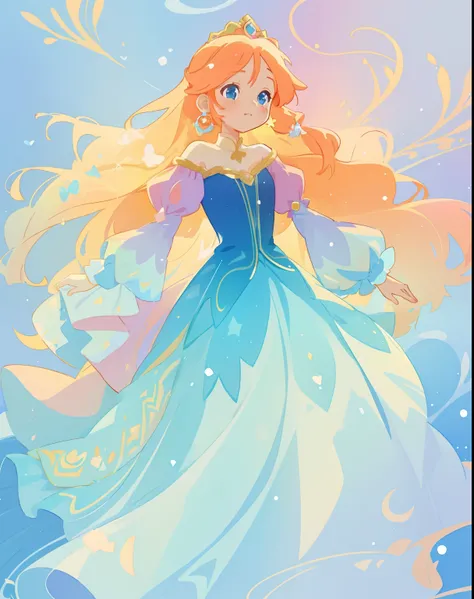 beautiful girl in gradient blue princess ballgown with puffy long sleeves, long flowing gold peach hair, liquid theme, colorful fantasia background, watercolor illustration, disney art style, beautiful digital illustration, beautiful, masterpiece, best qua...