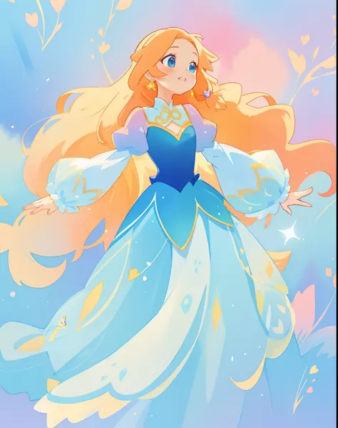 beautiful girl in gradient blue princess ballgown with puffy long sleeves, long flowing gold peach hair, liquid theme, colorful fantasia background, watercolor illustration, disney art style, beautiful digital illustration, beautiful, masterpiece, best qua...