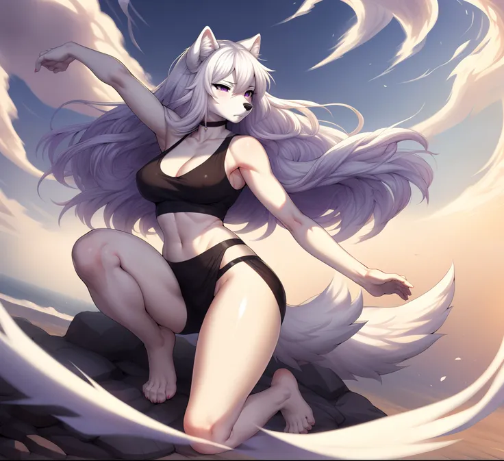 Solo, Naomi, white wolf girl, purple eyes,white wolf tail, long white flowing silky hair, serious face, wearing revealing flowy tai chi garbs, barefoot, 4 toes, paws, misty, wind and air energy flowing around her, channeling white energy, wind steaks, air ...