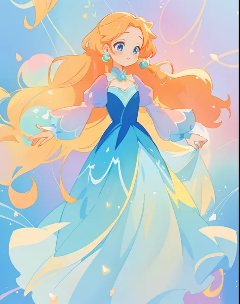 beautiful girl in gradient blue princess ballgown with puffy long sleeves, long flowing gold peach hair, liquid theme, colorful fantasia background, watercolor illustration, disney art style, beautiful digital illustration, beautiful, masterpiece, best qua...