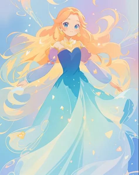 beautiful girl in gradient blue princess ballgown with puffy long sleeves, long flowing gold peach hair, liquid theme, colorful fantasia background, watercolor illustration, disney art style, beautiful digital illustration, beautiful, masterpiece, best qua...