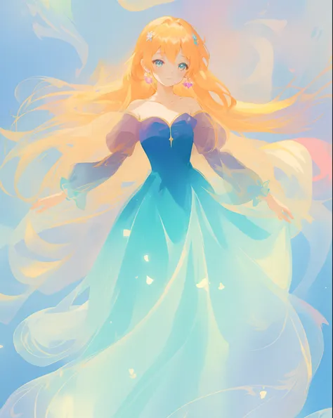 beautiful anime girl in gradient blue princess ballgown with puffy long sleeves, long flowing gold peach hair, liquid theme, vibrant pastel colors, colorful fantasia background, watercolor illustration, disney art style, beautiful digital illustration, bea...