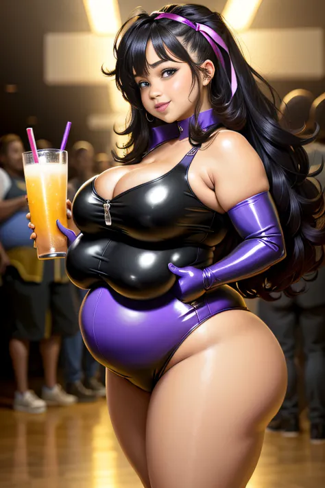 2heads, a short fat girl with 2 heads, in a club, wearing colorful latex , big breasts, holding a drink, cleavage,  massive breasts, smiling, short woman, chubby, fat. visible curves,(overweight),tan skin, african, dark skin, straight long black hair, visi...