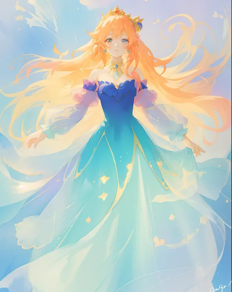 beautiful anime girl in gradient blue princess ballgown with puffy long sleeves, long flowing gold peach hair, liquid theme, vibrant pastel colors, colorful fantasia background, watercolor illustration, disney art style, beautiful digital illustration, bea...