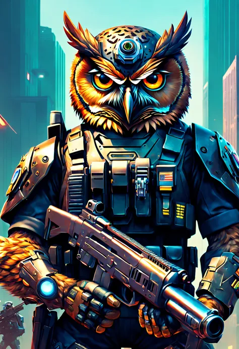 in a lovely way, grumpy, angry owl in fbi commando uniform, holding a gun， infuse it with a captivating cyborg and cyberpunk twi...