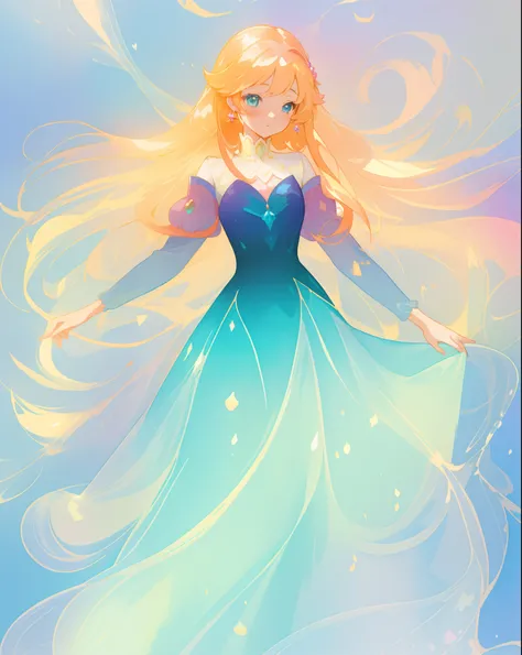 beautiful anime girl in gradient blue princess ballgown with puffy long sleeves, long flowing gold peach hair, liquid theme, vibrant pastel colors, colorful fantasia background, watercolor illustration, disney art style, beautiful digital illustration, bea...