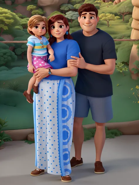 Um casal ao estilo da Pixar, alta qualidade, best quality, e homem loiro de olhos azuis, mulher baixa e com cabelos com mechas loiras, uma bebe loira de olhos castanhos, em um fundo de montanhas