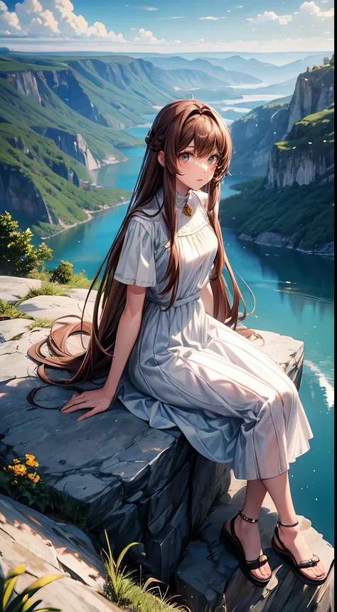 Nice girl, long Brown hair, sitting on a rock, nice panoramic background, white dress