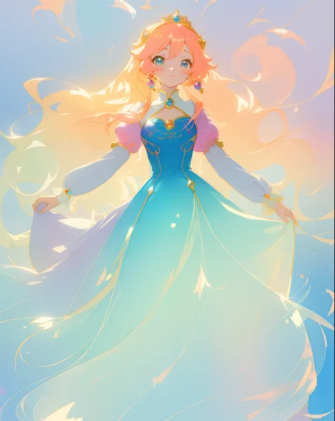 beautiful anime girl in gradient blue princess ballgown with puffy long sleeves, long flowing gold peach hair, liquid theme, vibrant pastel colors, colorful fantasia background, watercolor illustration, disney art style, beautiful digital illustration, bea...