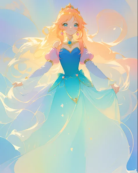 beautiful anime girl in gradient blue princess ballgown with puffy long sleeves, long flowing gold peach hair, liquid theme, vibrant pastel colors, colorful fantasia background, watercolor illustration, disney art style, beautiful digital illustration, bea...