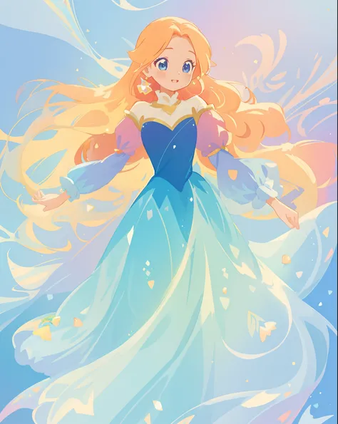 beautiful girl in gradient blue princess ballgown with puffy long sleeves, long flowing gold peach hair, liquid theme, colorful fantasia background, watercolor illustration, disney art style, beautiful digital illustration, beautiful, masterpiece, best qua...