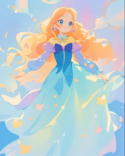 beautiful girl in gradient blue princess ballgown with puffy long sleeves, long flowing gold peach hair, liquid theme, colorful fantasia background, watercolor illustration, disney art style, beautiful digital illustration, beautiful, masterpiece, best qua...