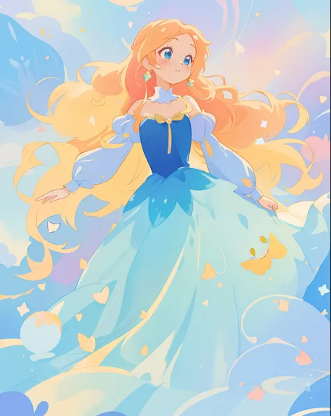 beautiful girl in gradient blue princess ballgown with puffy long sleeves, long flowing gold peach hair, liquid theme, colorful fantasia background, watercolor illustration, disney art style, beautiful digital illustration, beautiful, masterpiece, best qua...