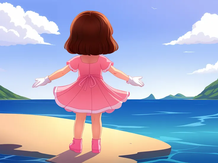 back image, a single 5 year old girl with her back looking at an island on the horizon, alone, standing, with brown hair, arms apart, legs apart, pink dress, white gloves, pink shoes, Illustration style 2D childish.