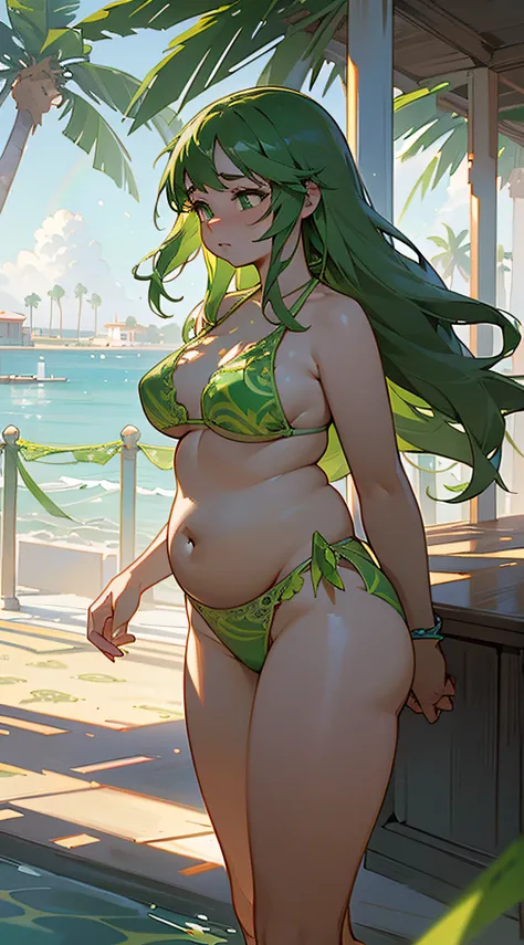 expansive landscape photograph, Seen from a distance, (seaside, waterside, Palm trees, Sunny Sunshine, beautiful  lighting, Sand bottom, Water Particles:1.5), (big size ass, thick-thighs:1.2), (window:1.2), (A table:0.9) ,(warm light source:1.2), intricate...