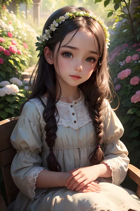 oil painting, a little girl in a garden, beautiful detailed eyes, beautiful detailed lips, extremely detailed eyes and face, long eyelashes, flowing dress, vibrant flowers, greenery, soft sunlight, highres, ultra-detailed, realistic, portraits, warm and pa...