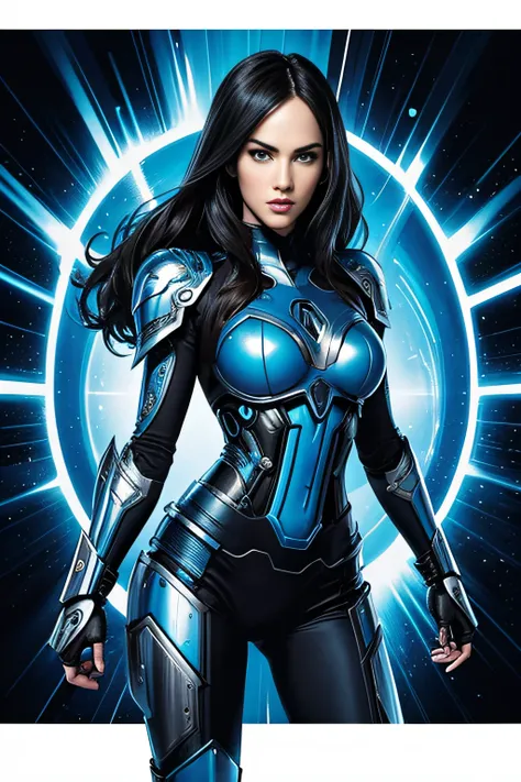 comic 1woman, [Megan Fox:Emma Watson], wearing blue chrome cyborg armor, crosses, psychedelic . graphic illustration, comic art, graphic novel art, vibrant, highly detailed