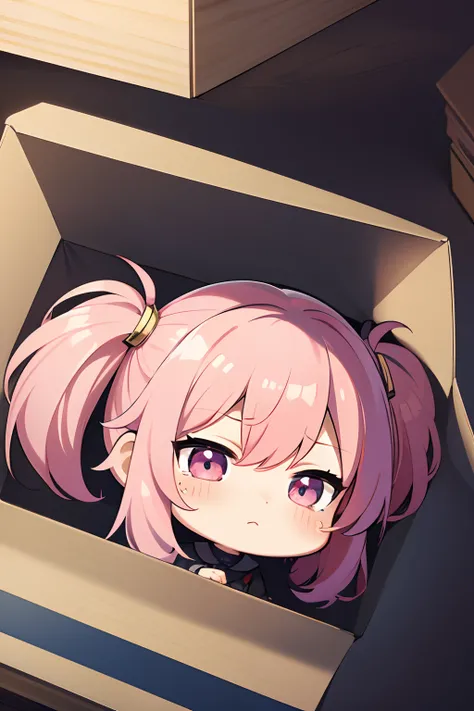 anime, masterpiece, chibi, good student, 4k, detailed,tear-stained face,pink hair,In the box