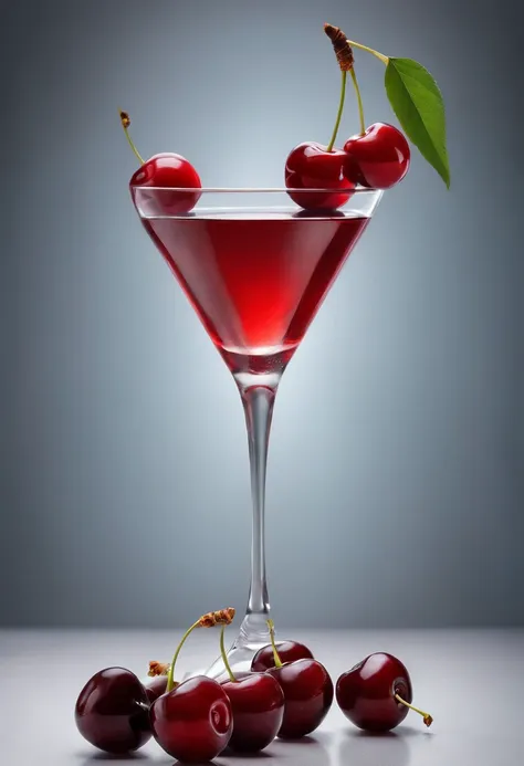 A glass of cherry juice with cherries around, Very cool and fresh, Add a few leaves, Add ice cubes, In the cinematic Sudio, realistic photo shot, Best Photography Award, Studio Lighting, diffuse lighting, Super detail of shadows, Super detail in glass, Wor...