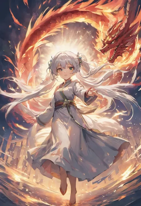 Dragon flying over burning town、large plumage、highcontrast、Girl is looking at the sky、red fullmoon、splash water､Flowing flame、detailed girl、neon color､Incandescent effect､18year old、(Yanlong、Ice Dragon;3,7)、(((robe blanche､Twintail、Rin々Shishi Face、With lon...