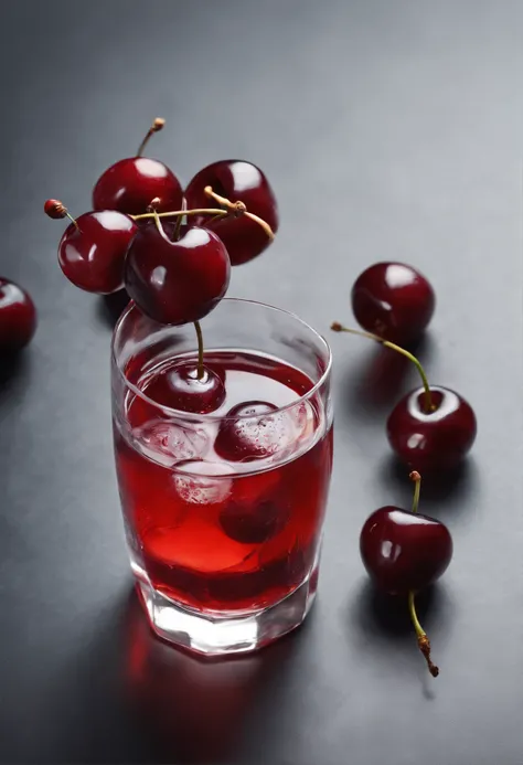 A glass of cherry juice with cherries around, Very cool and fresh, Add a few leaves, Add ice cubes, In the cinematic Sudio, realistic photo shot, Best Photography Award, Studio Lighting, diffuse lighting, Super detail of shadows, Super detail in glass, Wor...