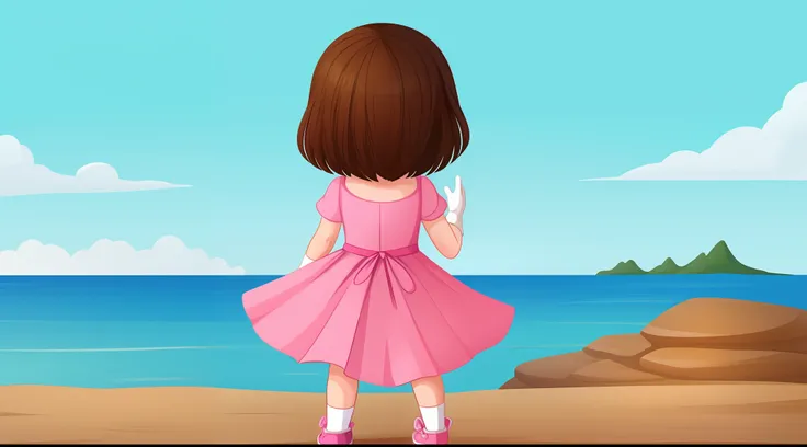 back image, a single 5 year old girl with her back looking at an island on the horizon, alone, standing, with brown hair, arms apart, legs apart, pink dress, white gloves, pink shoes, Illustration style 2D childish.