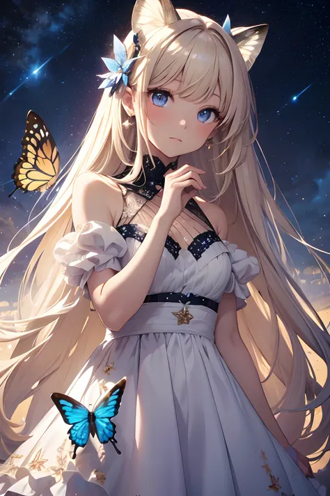 ​masterpiece、Background with（（Fantastic starry sky、kosmos、black hole））、heavy wind、Standing in the distance、Hands raised in the back、Butterflies in a white mini dress with a slit々Embroidery、Blonde Long、Butterflies with hair in a bun々Pin in、a beauty girl、but...