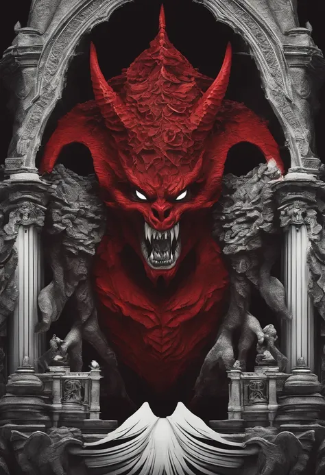 Create a sign with a demon in the shape of a red cliff，For vibrant digital channels, High-resolution color, White picture background