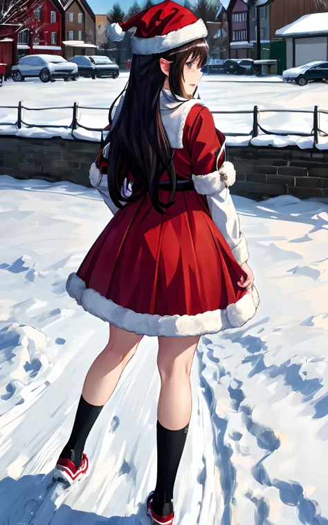 giant anime adult girl in a santa hat posing for camera, ecchi, seductive anime girl, in the snow, guweiz, makoto, makoto kano, ...