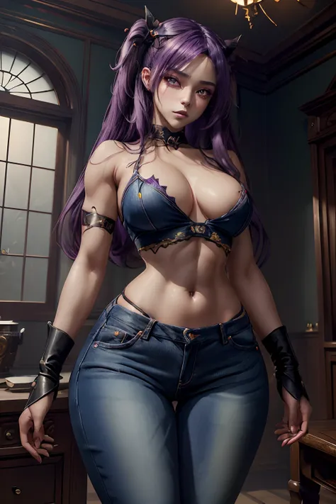 (masterpiece, top quality, best quality, official art, beautiful and aesthetic:1.2), 1 girl, succubus, mansion, purple hair, twin tails, jeans, sharp eyes, low riding jeans, croptop, wide hips, fit female, depraved, asian eyes, thong straps above jeans