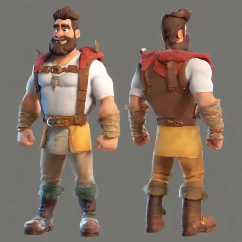 Criar um personagem no estilo Pixar. Trata-se de um homem de 30 anos, com barba, Branco, com cabelos castanhos curtos e um quiff, e olhos castanhos. Ele deve estar na frente de um computador, Trabalhar como designer