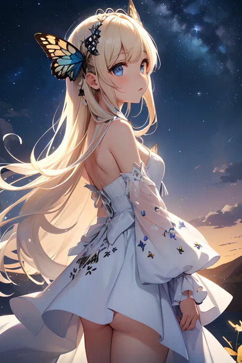 ​masterpiece、Background with（（Fantastic starry sky、kosmos、black hole））、heavy wind、Standing in the distance、Rear view、Butterflies in a white mini dress with a slit々Embroidery、Blonde Long、Butterflies with hair in a bun々Pin in、a beauty girl、butterflys々emits l...