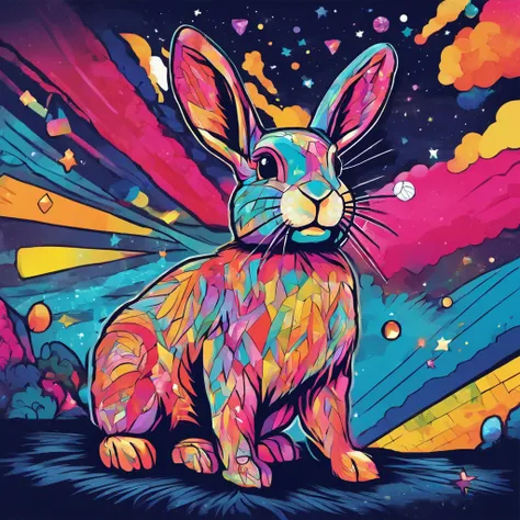 A colorful crystal bunny stands in the starry sky of the universe