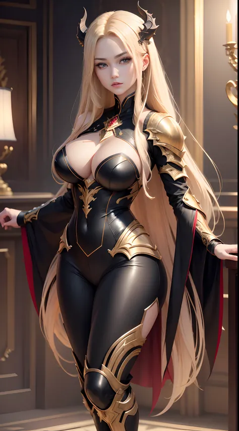 ((8K,High image quality High image quality、​masterpiece：1.4))、1 person、The upper part of the body、Long Blonde Hair、gradation hair、Super Beautiful Demon Hunter、beautiful expression、red-lips,beautidful eyes、Models with large breasts、Perfect face shape、Black ...