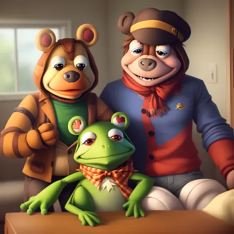 Kermit the frog and freddy fazbear having a shootout