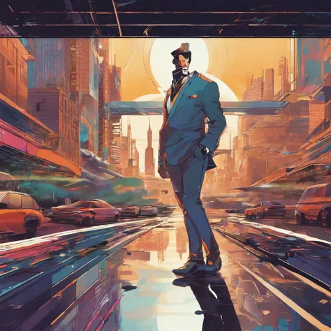 (a man wearing extravagant attire:1.1) is standing on a bridge while cars pass by underneath. The surrounding area is filled with tall buildings. The mans attire is elaborate and eye-catching, emphasizing his stylish and elegant appearance. The bridge is a...