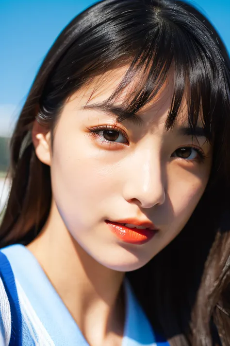 Beautiful, fresh, sporty, dark-haired Japanese model girl with orange lipstick under bright sunlight, close-up, portrait photograph, Like a promotional advertisement, like a poster